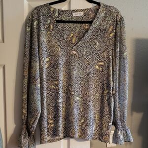 Calvin Klein Paisley Long Sleeve Blouse - Black and Cream